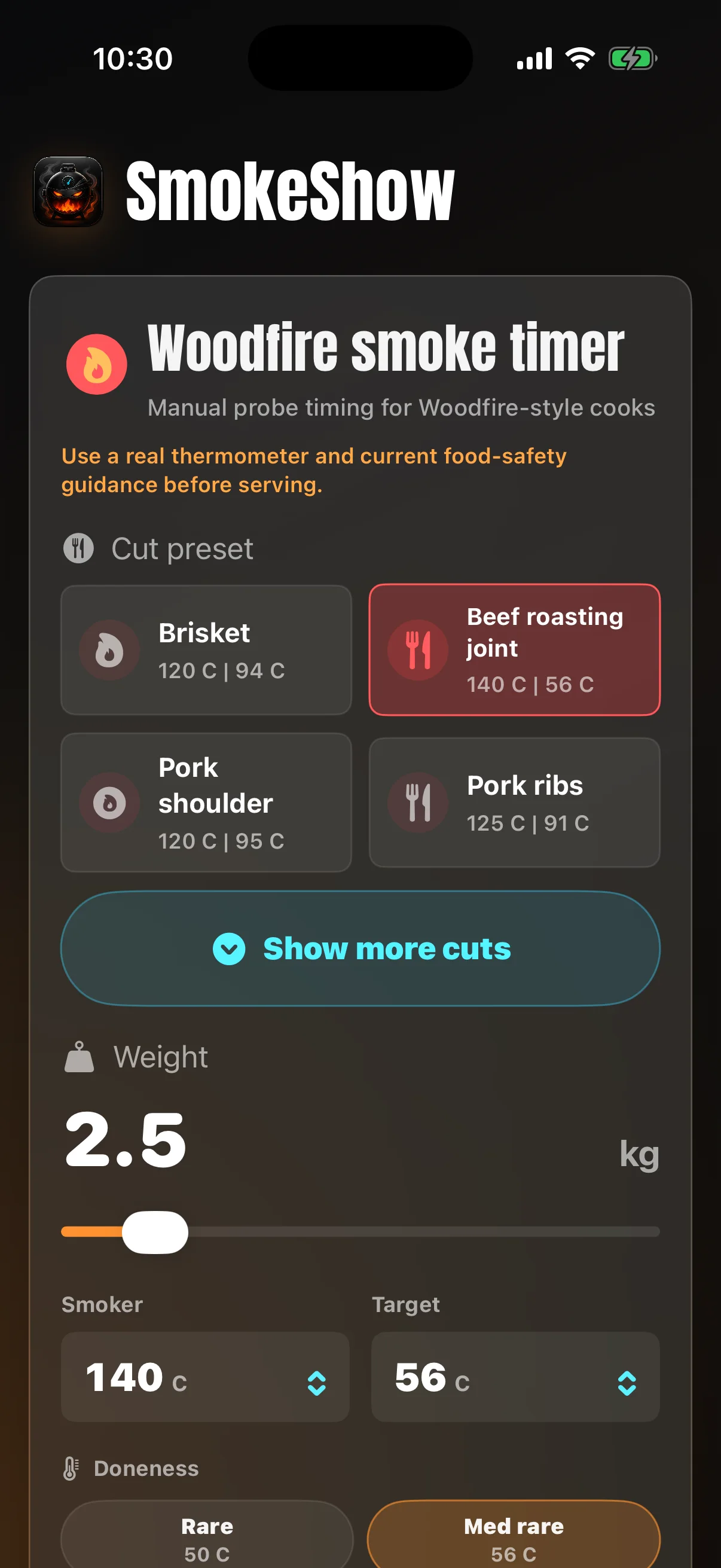 Beef roast planner screen in SmokeShow