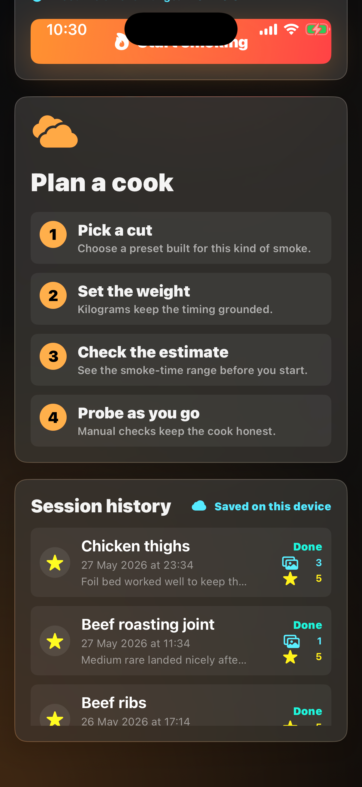 Session history screen in SmokeShow